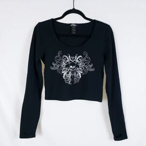 Hot Topic Social Collision Crop Top Skulls Womens M Black Long Sleeve Thumb Hole